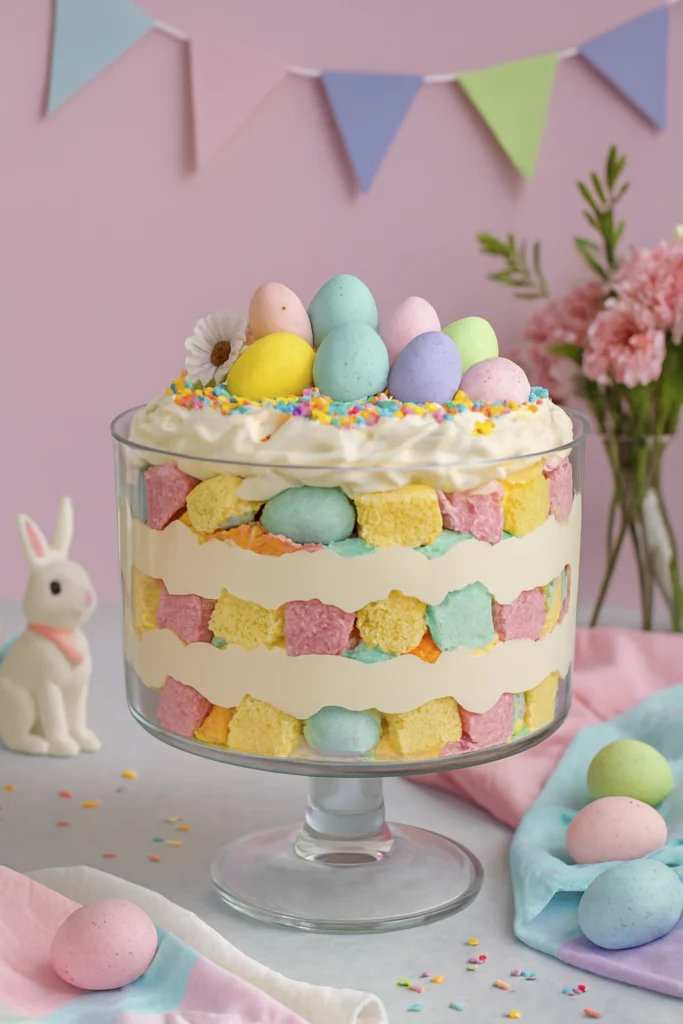 Easter trifle with pastel cake, candy eggs, and white chocolate bunny