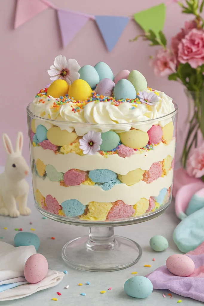 Colorful Easter trifle with pastel cake cubes, whipped topping, and candy eggs in a glass bowl