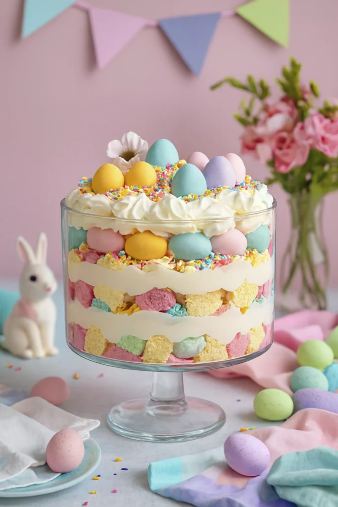 Easter trifle dessert with pastel bunting, ceramic bunny, and spring flowers