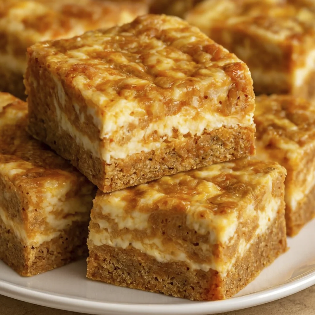 Moist carrot cake bars topped with cream cheese frosting and spiced with cinnamon, cut into neat squares.