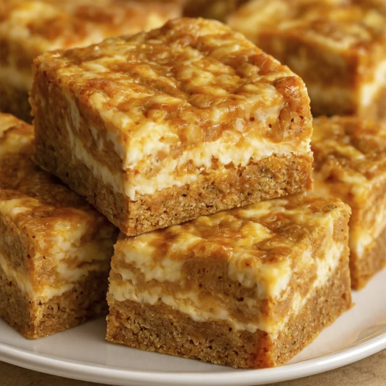 Moist carrot cake bars topped with cream cheese frosting and spiced with cinnamon, cut into neat squares.