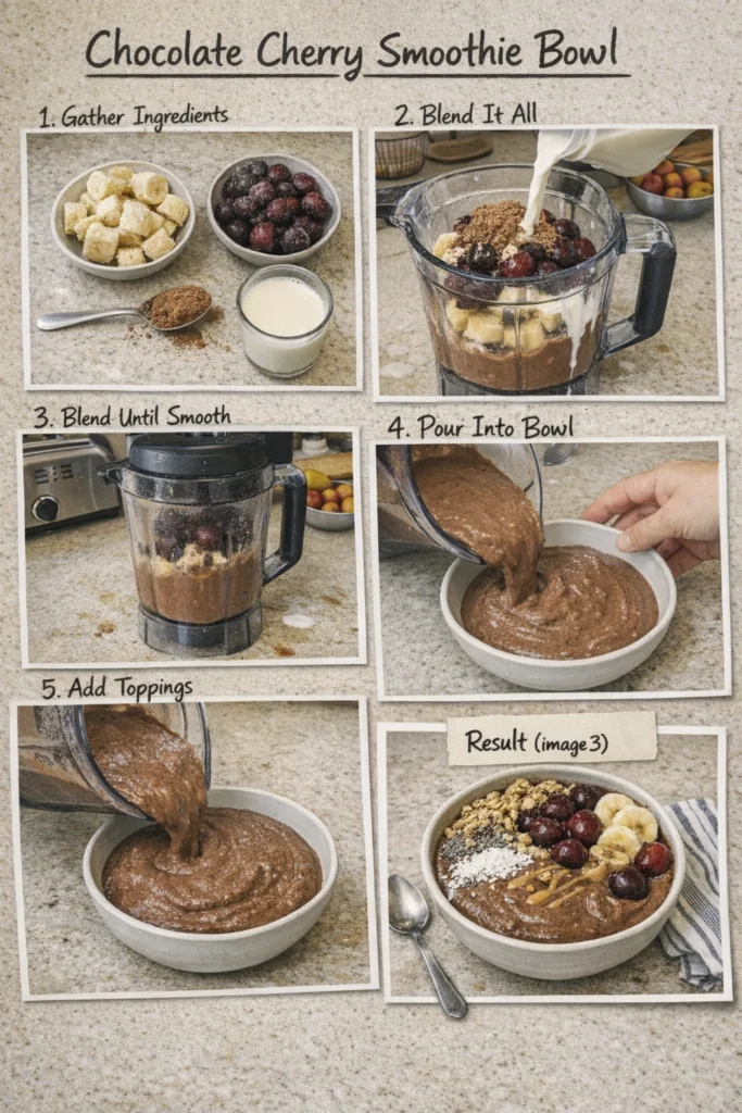 A visual step-by-step recipe guide for preparing a Chocolate Cherry Smoothie Bowl, from blending ingredients to adding toppings.