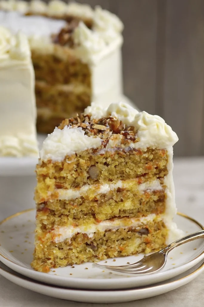 Elegant white frosted cake with rosettes, nuts, and coconut on a cake stand.