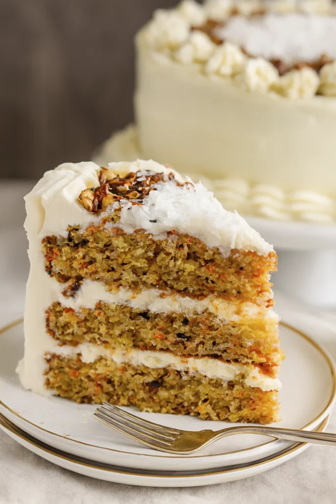 Carrot cake bars with cream cheese frosting, shredded carrots, and nut garnish on a plate.