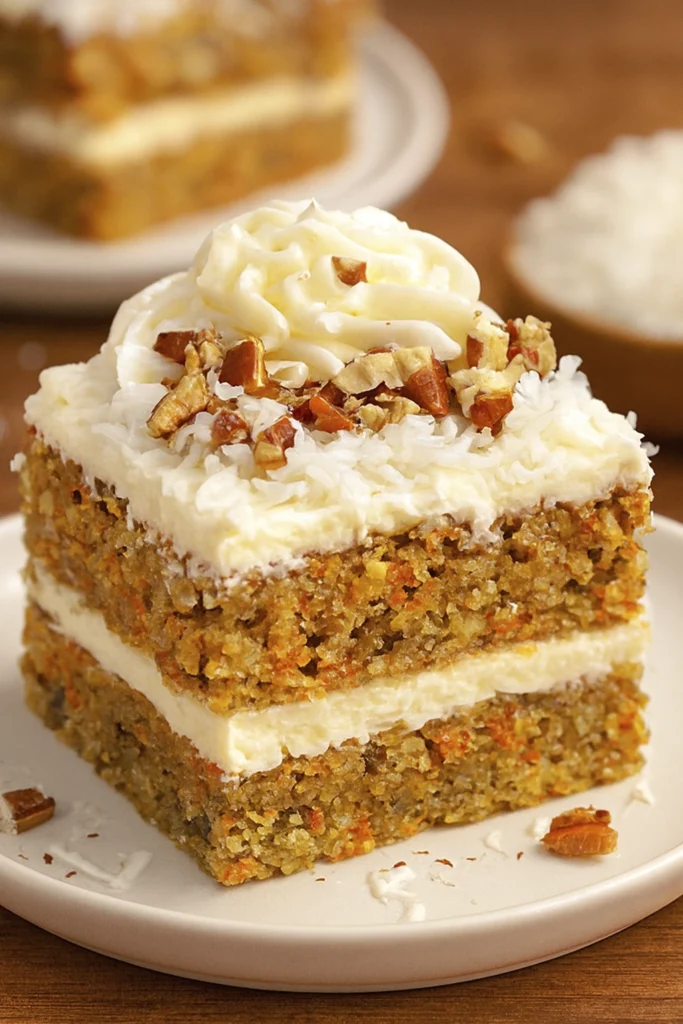 Slice of carrot cake with cream cheese frosting and pecan topping on a plate.