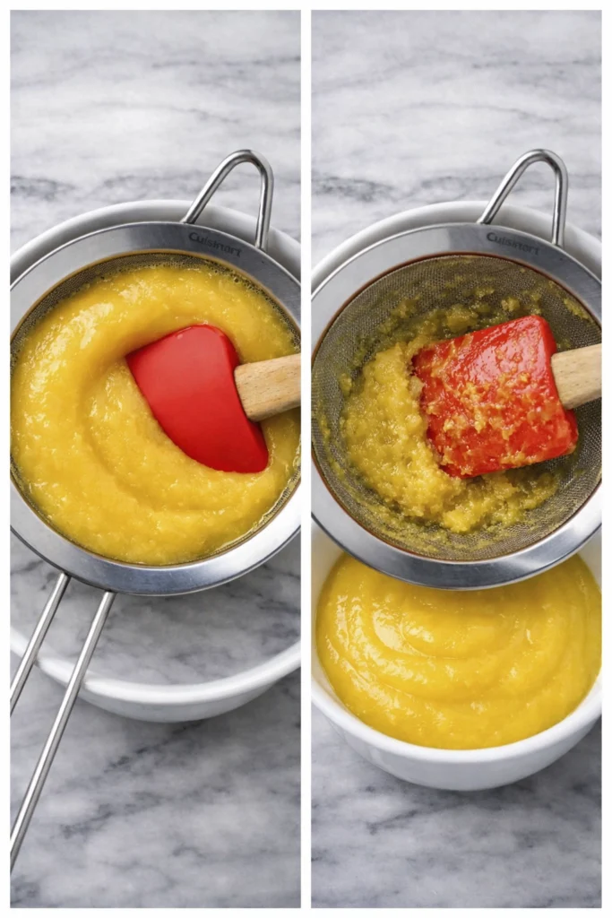 Straining mango puree through fine mesh sieve for smooth texture