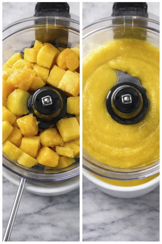 Mango chunks blended into smooth mango puree in food processor