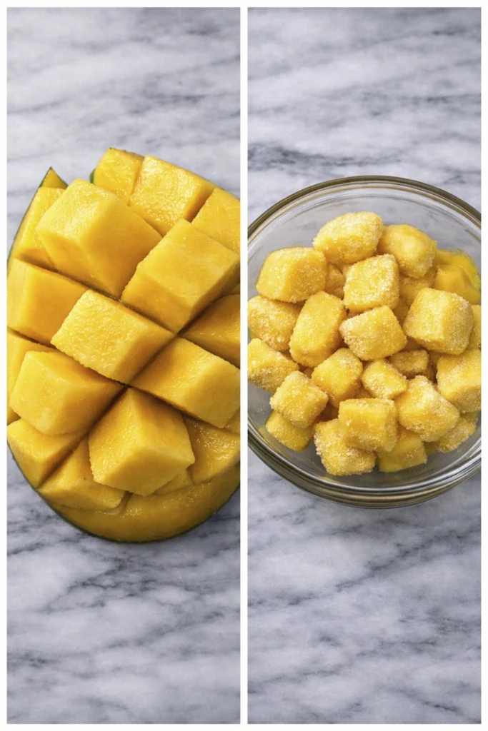 Fresh mango cubes compared with frozen mango chunks in bowl