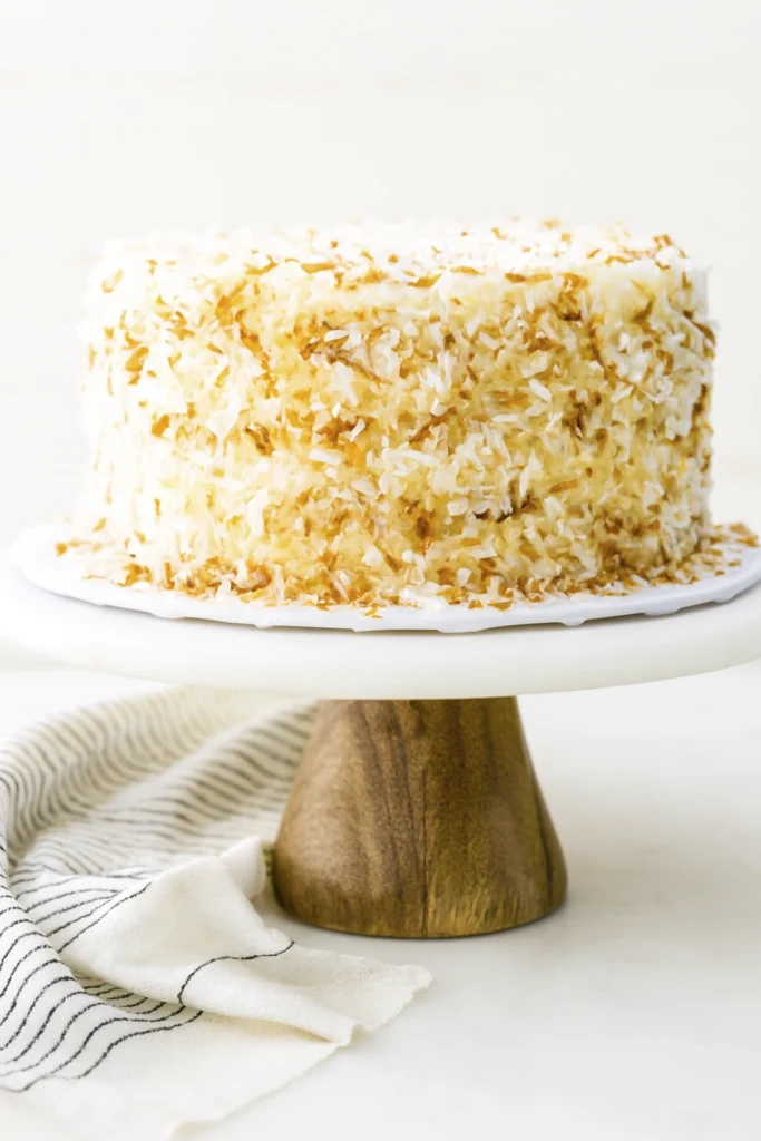 Whole coconut cake covered in creamy frosting and toasted coconut flakes on a white cake stand with wooden base and striped cloth.