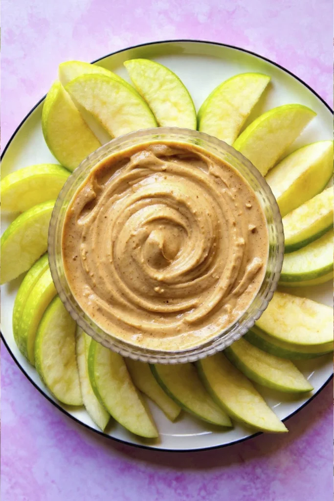 Three stages of preparing Greek Yogurt Apple Dip from raw ingredients to smooth blend
