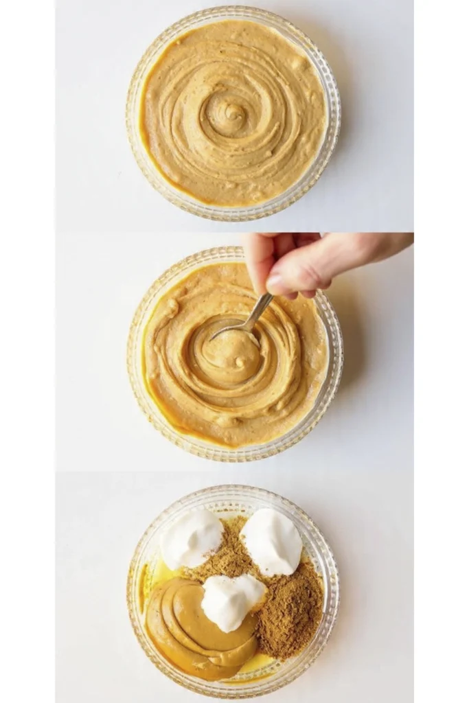Step‑by‑step mixing process of Greek Yogurt Apple Dip with peanut butter, yogurt, and cinnamon