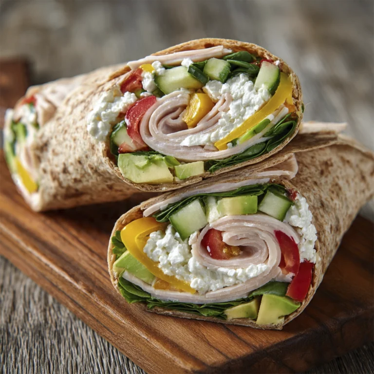 Whole wheat cottage cheese wrap with turkey, cottage cheese, spinach, avocado, cucumber, tomato, and yellow bell pepper