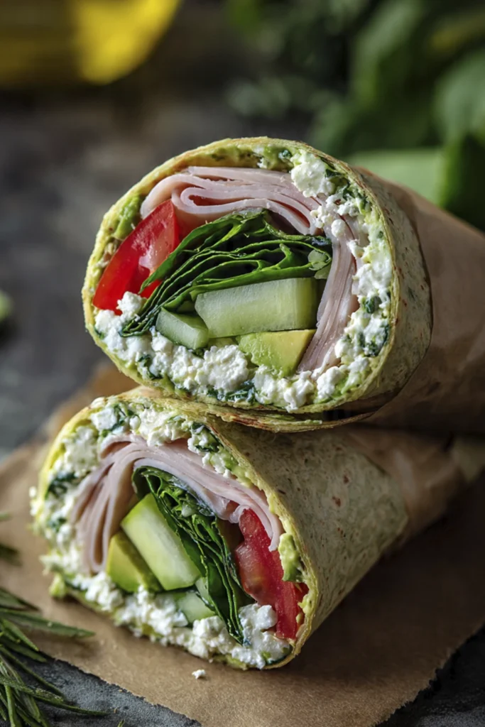 Fresh turkey spinach wrap with avocado, tomato, cucumber, and feta cheese on parchment paper
