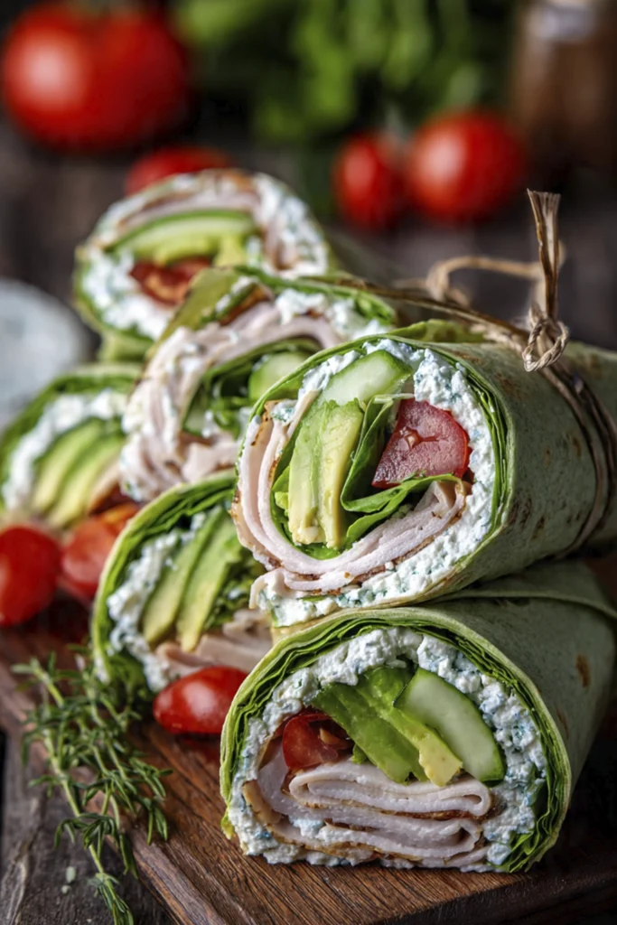 Spinach tortilla wraps with turkey, avocado, tomato, cucumber, and creamy spread tied with rustic twine