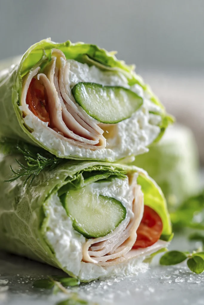 Low‑carb lettuce wrap with turkey, cucumber, cherry tomatoes, and cream cheese spread
