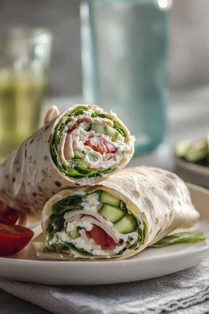 Turkey and vegetable tortilla wrap with cucumber, tomato, leafy greens, and creamy cheese