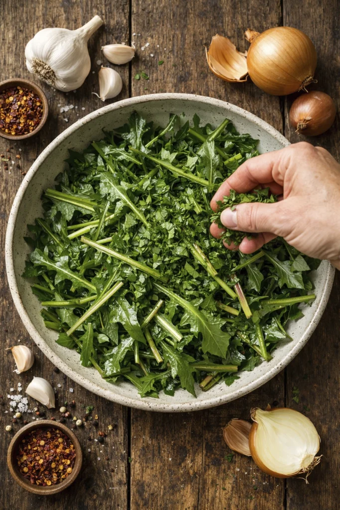Rustic bowl of sautéed dandelion greens with onions and grated cheese topping.