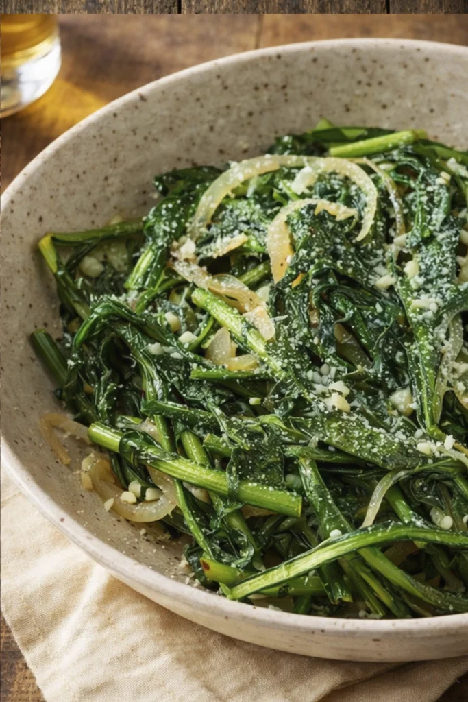 Bowl of sautéed Dandelion Recipes greens with onions and cheese served in a rustic ceramic dish.