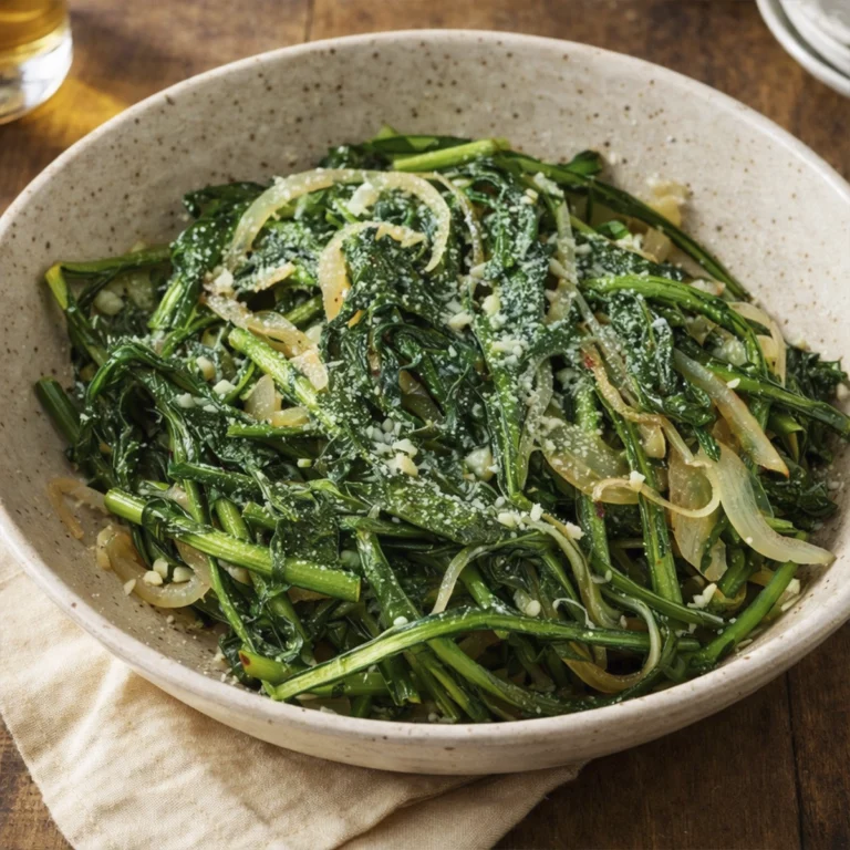 Hand sprinkling parsley over fresh Dandelion Recipes greens with garlic and onion on a rustic wooden table.