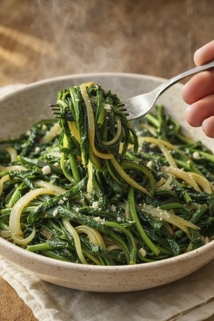 Hand lifting hot sautéed dandelion greens with a fork from a ceramic bowl.