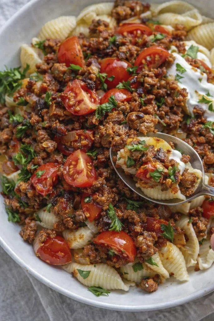 Close-up of Turkish pasta recipe in a white serving dish with shell pasta, spiced ground beef, halved cherry tomatoes, fresh parsley, and garlic yogurt sauce, with a spoon lifting a single shell