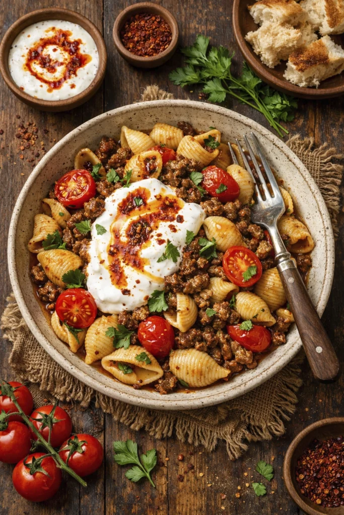 Fork lifting shell pasta from a white bowl of deconstructed Manti Turkish pasta with spiced ground beef, garlic yogurt sauce, chopped tomatoes, and fresh parsley