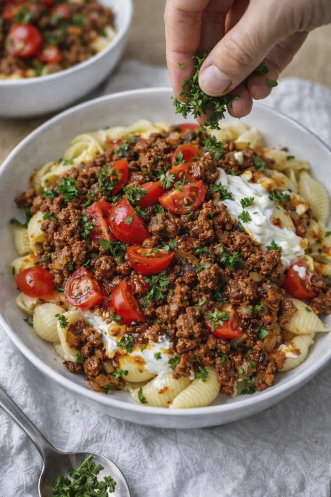 Spoon scooping garlic yogurt sauce over a large white oval dish of Turkish pasta with shell pasta, spiced ground beef, cherry tomatoes, chili flakes, and fresh parsley
