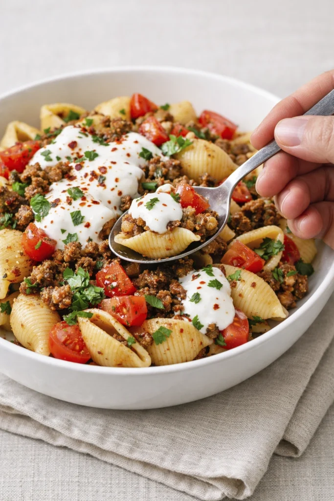 Turkish pasta recipe served in a rustic ceramic bowl with spiced ground beef, garlic yogurt sauce, cherry tomatoes, fresh parsley, and a drizzle of red pepper butter on a wooden table